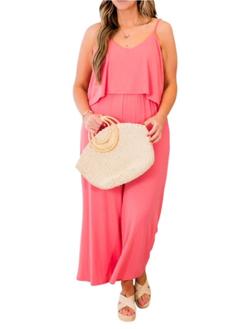 Women's V Neck Ribbed Tank Sleeveless Wide Leg Pants Loose Fit Jumpsuit 1X & 3X